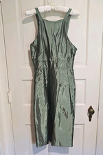 Vera Wang Green Satin Scoop Neck Strappy Fit & Flare Knee Dress Pockets 12