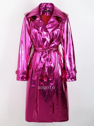 Spring Autumn Women Long Shiny Reflective Patent Leather Trench Coat Overcoat - 第 15/21 張圖片