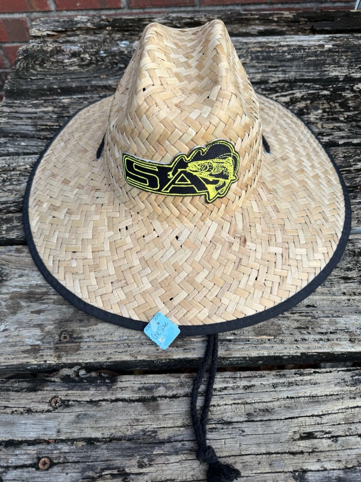 NWT SA Fishing One Size Natural Straw Sun Hat w/ Black Trim Adjustable Chord
