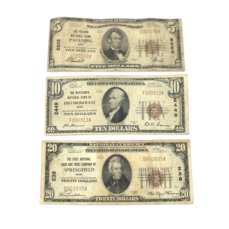 1929 $5 $10 $20 National Bank Notes Mixed Lot of Ohio Banks #C935-3
