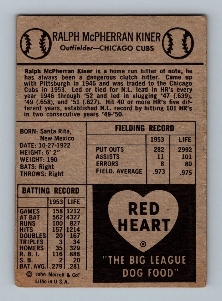 1954 年红心 Ralph Kiner GD-VG 复古名人堂棒球卡 — 第 2/2 张图片