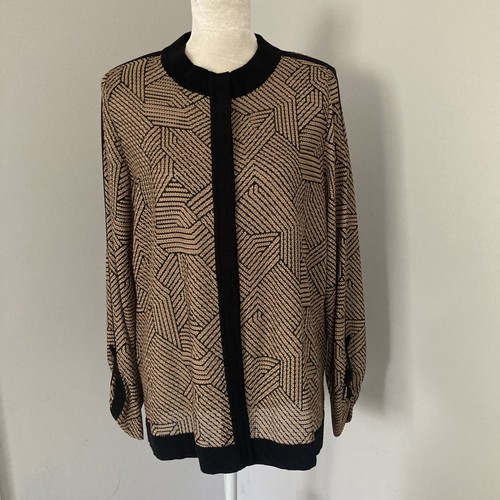 Exclusively Misook Snap Front Knit tan black Cardigan Classic Career Wear L