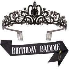 Birthday Baddie Sash and Crown for Women Girls - Black Glitter with Silver Foil