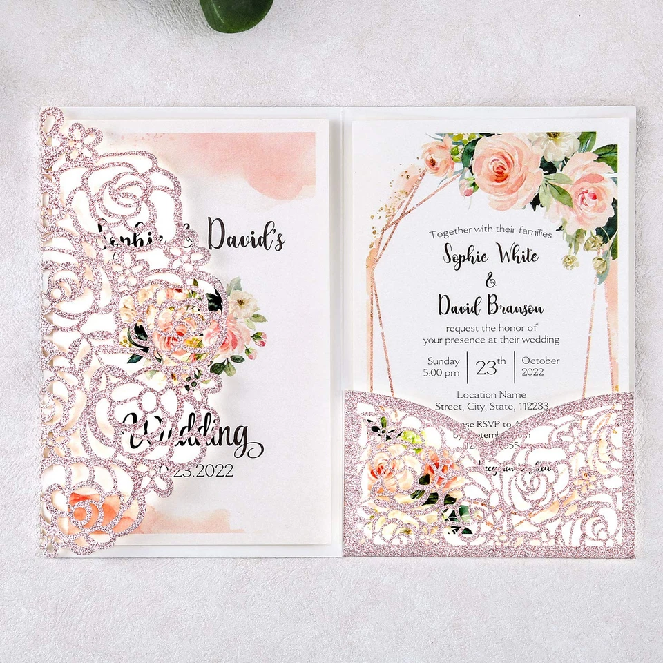 Kit de invitaciones de boda 4,7 x 7 pulgadas 50 piezas en blanco oro rosa brillo corte láser H... Foto 4 de 4