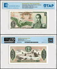 Colombia 5 Pesos Oro, 1974, P-406e.2, UNC, Authenticated