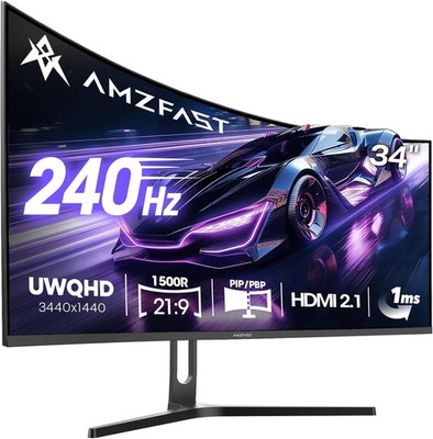 Amzfast 34 Zoll Curved Gaming Monitor, 3440x1440 UWQHD, 240Hz, 21:9 VA Panel