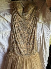 Sherri Hill Tan Glitz Snd Glam Mermaid Style Full Zip Back Sz 8