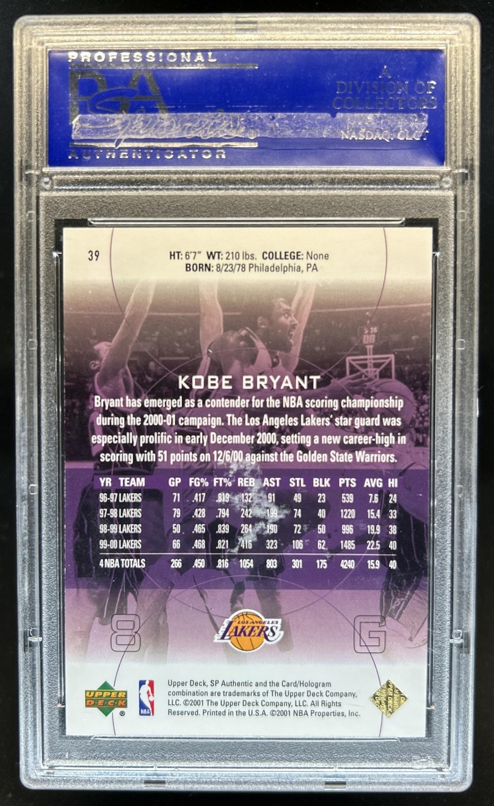 2000-01 SP Authentic Kobe Bryant #39 Lakers PSA 10 GEM MINT view 2