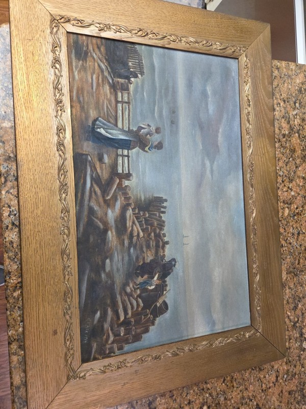 1914 Original Painting Artist Fisk Shows Women On Dock Looking Out To Sea