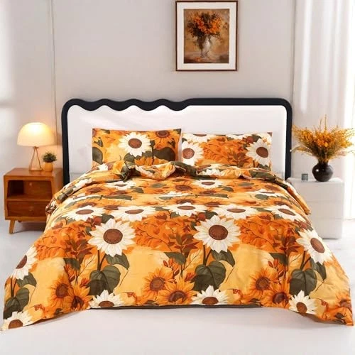  3Pcs Orange Comforter Sets,Orange Floral Size Comforter Sets Full Sunflower - Image 3 of 4
