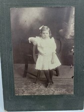 Antique 1890s Cabinet Card Young Girl Fancy White Dress Bow In Hair 5.5x7.5" BW
