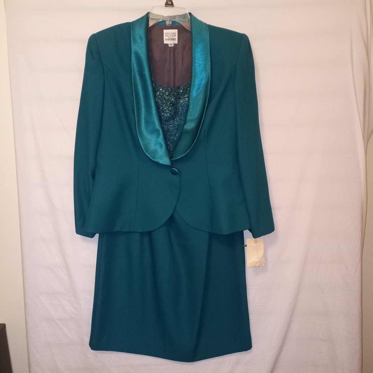 Nah Nah Collection 14P Green Jacket Dress Sequins Satin Evening