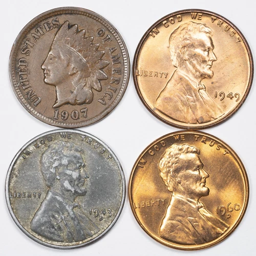 Four Coin Penny Collection Starter Set INDIAN HEAD + LINCOLN WHEAT + STEEL + BU