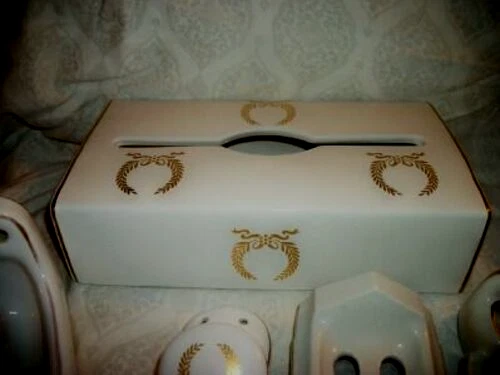 Vintage French White Porcelain Bath Hardware Set 6 Pc Gold Soap Toothbrush Hooks - Image 2 of 4