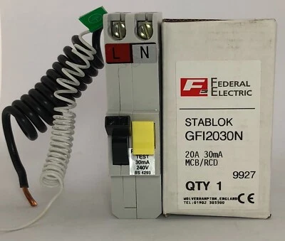 Federal Electric Stablok Stab-Lok GFI2030N 20A Amp 30mA RCBO Double Pole MCB RCD