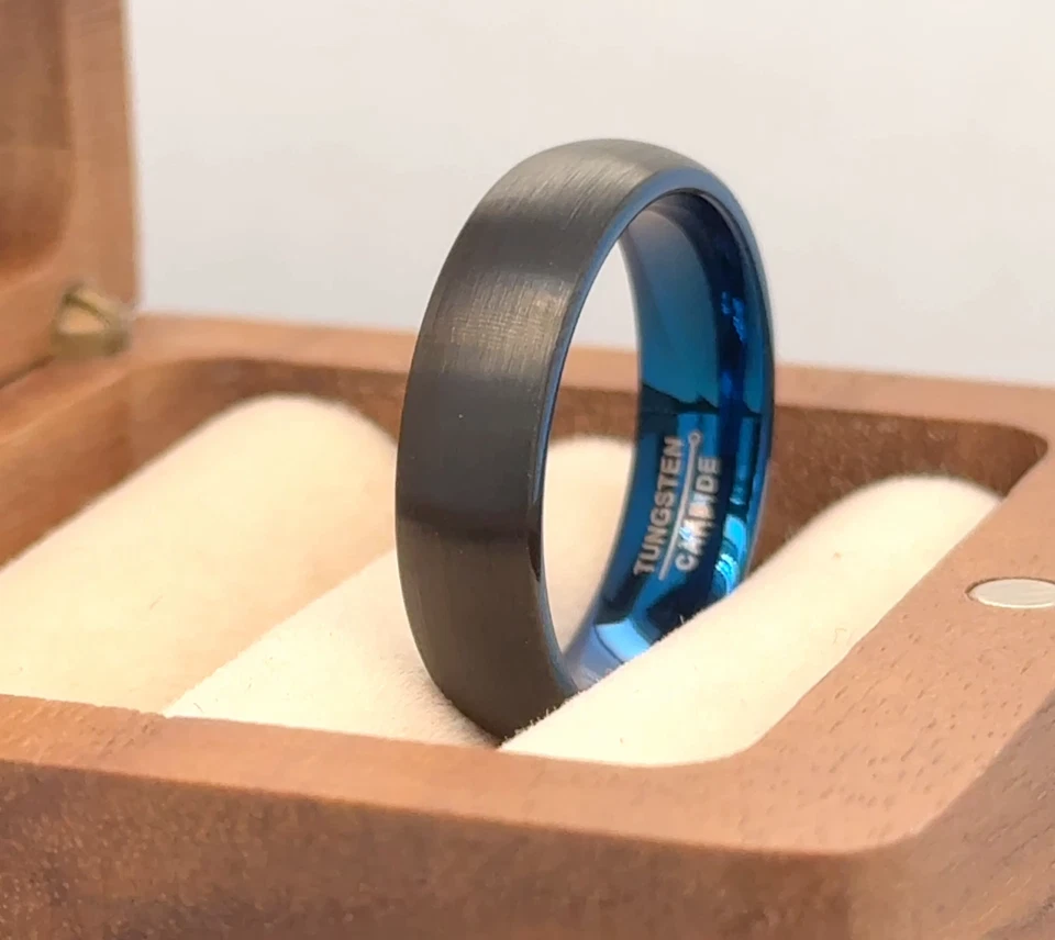 Anillos de tungsteno azul y negro borde pulido cepillado banda para mujeres regalos de San Valentín Foto 3 de 4