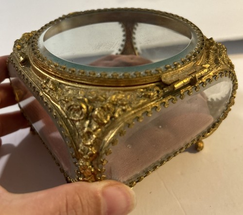 Antique Victorian Filigree Ormolu Beveled Glass Jewelry Casket Box 5x5x4” Pink - Picture 7 of 10