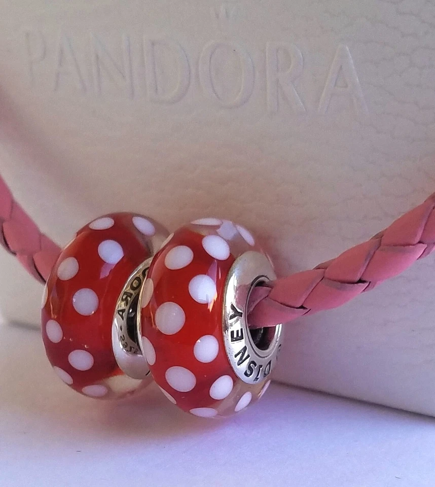 Juego De 2 Nuevos Pandora Auténticos Disney Minnie Mouse Lunares Murano Dijes Foto 2 de 4