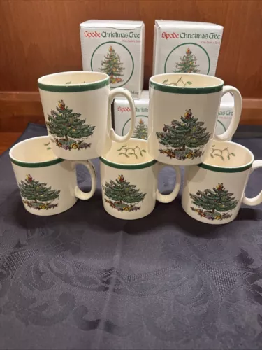 5 Spode Christmas Tree Green Trim Mugs Cups England S3324 Green Holly Santa