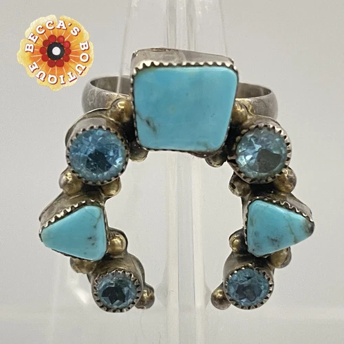 Vtg Navajo Running Bear 925 Silver Turquoise Blue Topaz Horseshoe Ring Size 7.5