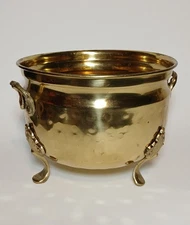 Vintage Hammered Brass Cauldron Planter Claw Footed Metal Rivets Side Handles