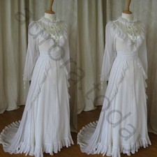 Vintage Wedding Dresses High Neck Long Sleeve Ruching Sweep Train Bridal Gown