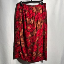 VTG 90s Brown Red Rose Floral Midi Wrap Skirt Rayon Stretch Waist Romantic M P