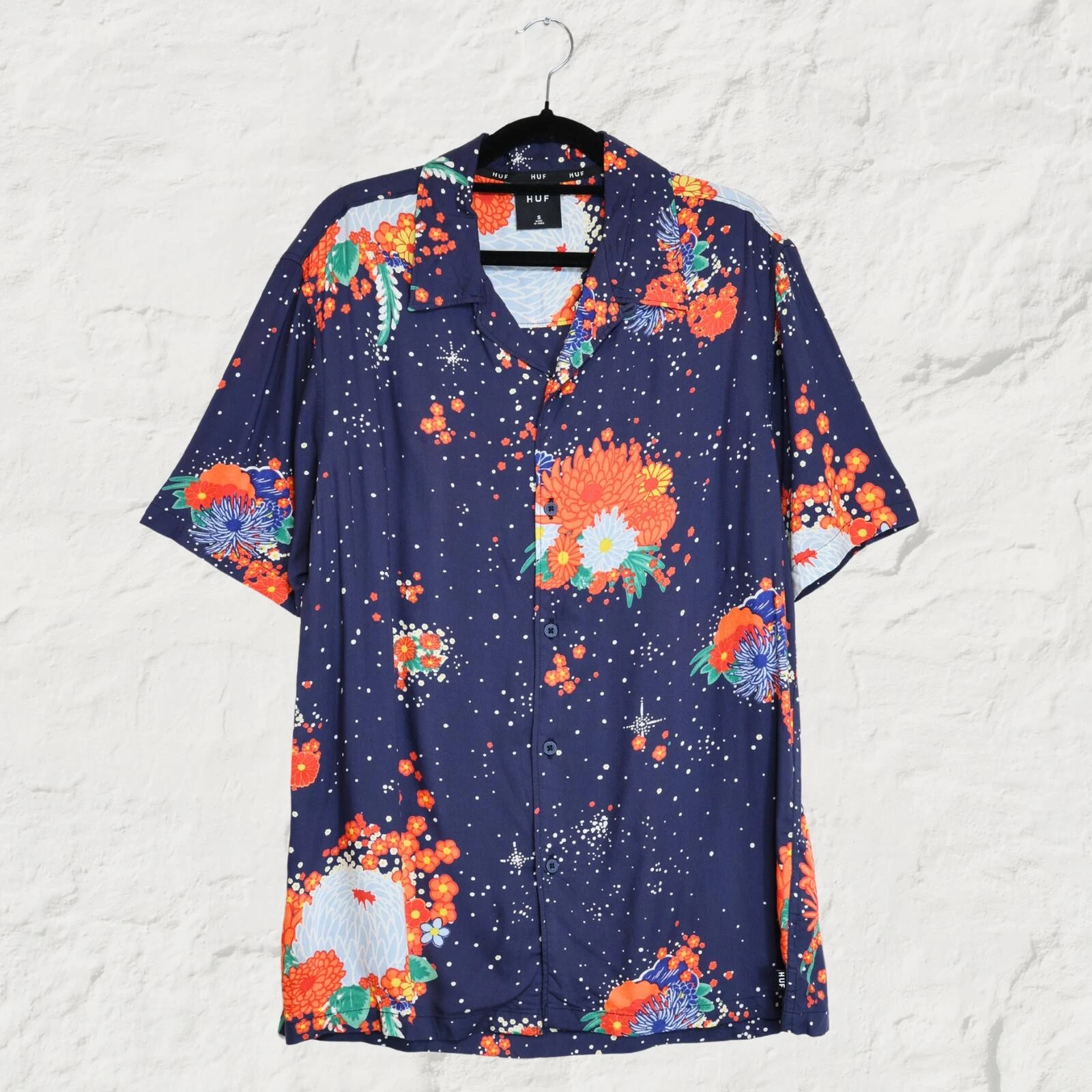 HUF Floral Print Shirt Indigo Short Sleeve Woven Streetwear Resort Shirt Size S