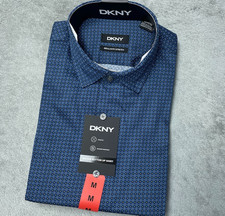 DKNY Men's M Regular Stretch Blue Geometric Woven Button-Up Dress Shirt e1807