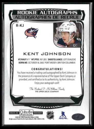 2022-23 O.P.C.Platinum Rookie Autographs Kent Johnson Columbus - Picture 2 of 2