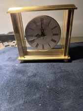 Vtg Bulova Brushed Brass Quartz Desk/Mantle Gold Clock, Battery Operated & Works