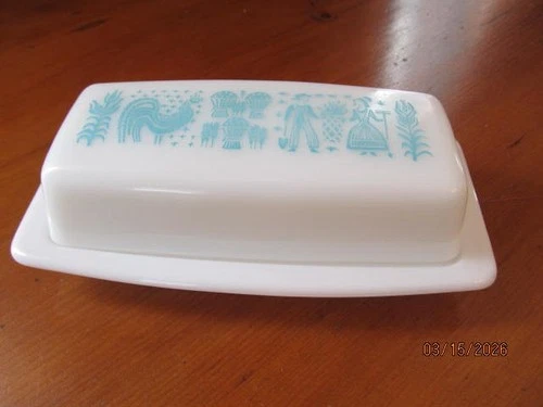 Vintage Pyrex Amish Butterprint Turquoise Butter Dish White Milk Glass