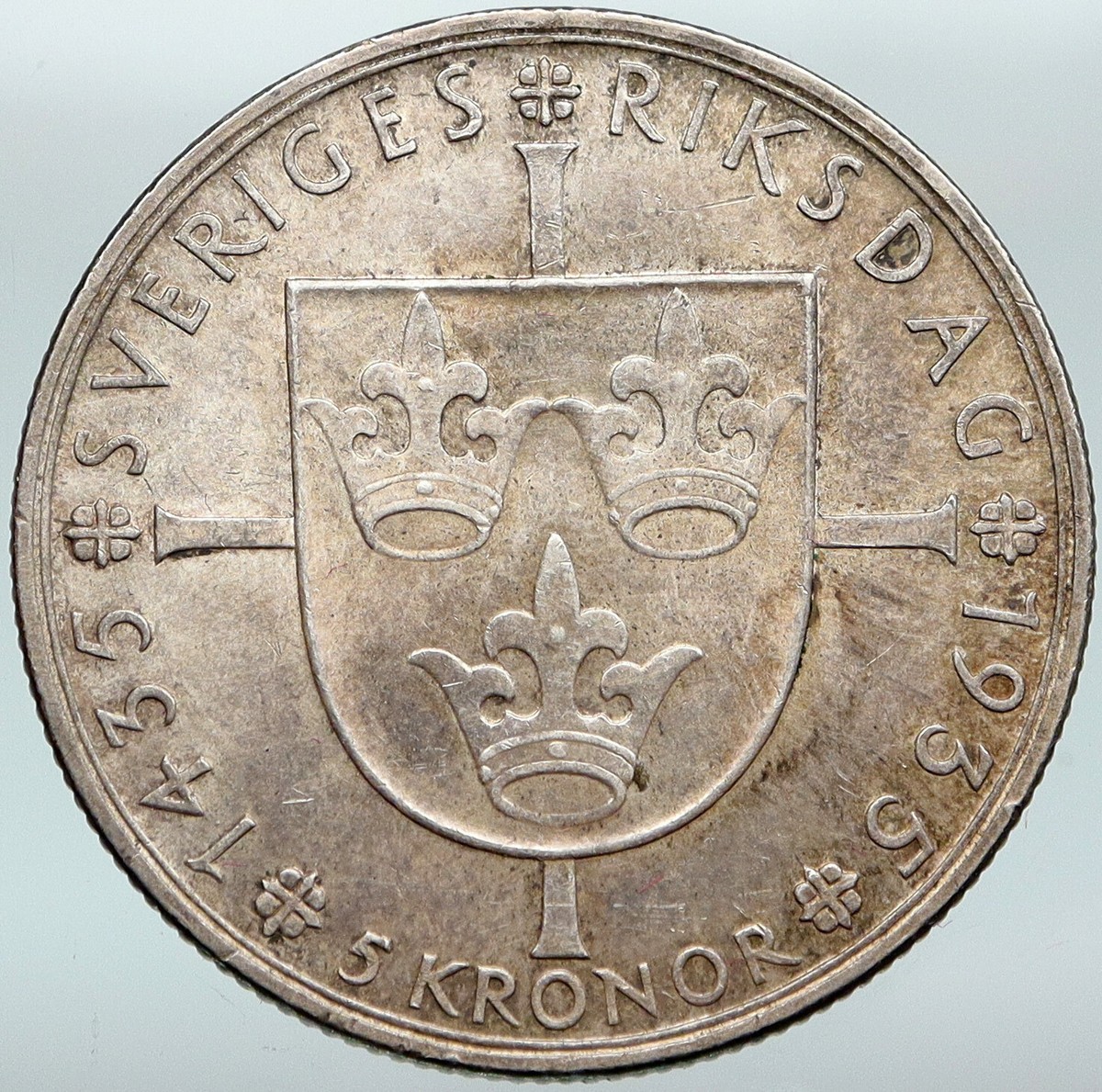 1935 SWEDEN King GUSTAF V Silver Crowned ARMS Antique Vintage 5 KR