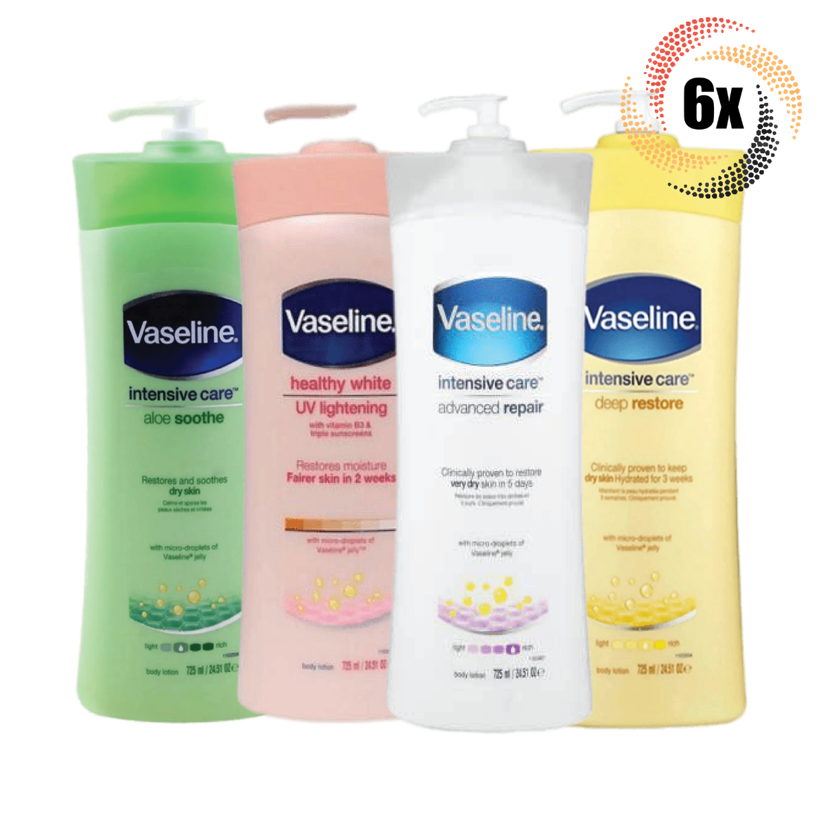 6x Bottles Vaseline Variety Scent Dry Skin Body Lotion | 725ml