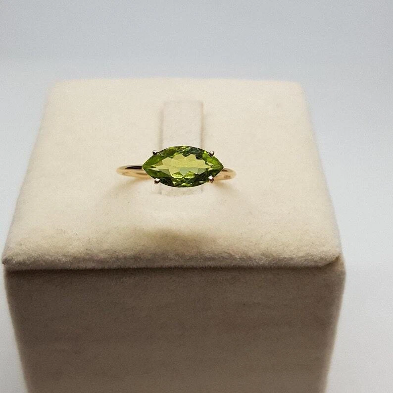 14k Yellow Gold Natural Marquise Cut Peridot Gemstone Solitaire Dainty Ring - Image 2 of 4