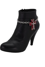 Women Silver Metal Chain Western Boot Bracelet Shoe Red Cross Charm Adjustable