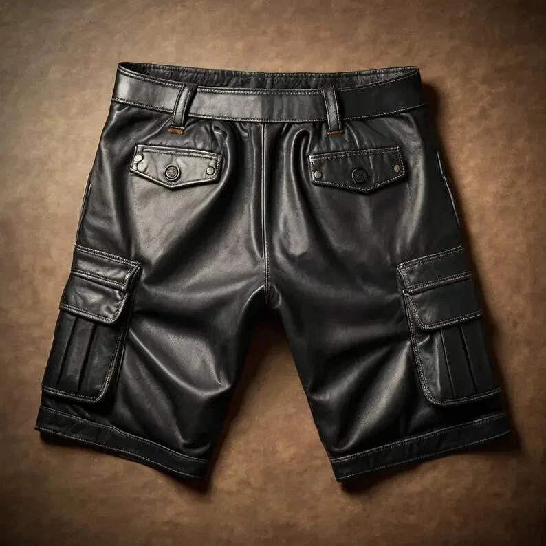 Pantalones Cortos de Carga de Cuero Real Negros para Hombre Estilo Motociclista Bolsillos Pantalones Foto 2 de 3
