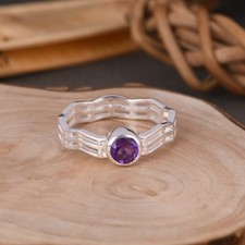 925 Sterling Silver Unique Band Ring For Birthday Gift With Amethyst Gemstone