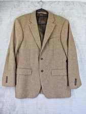 Cecil Gee Mens Beige Herringbone 100% Wool Blazer Jacket Size 40R Ex Condition