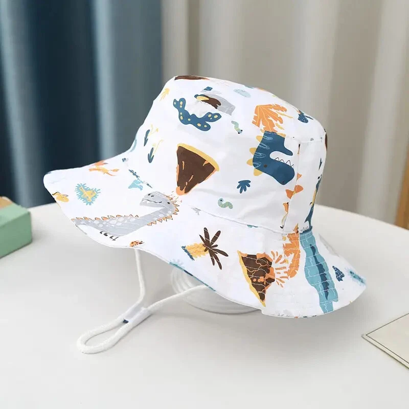 Kid's White Dinosaur Cartoon Pattern Sun Protection Bucket Hat