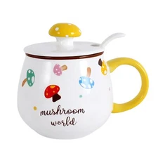 13.5oz Mushroom Mug Ceramic Tea Cup Cute Coffee Mug with Lid Spoon for Girl K...