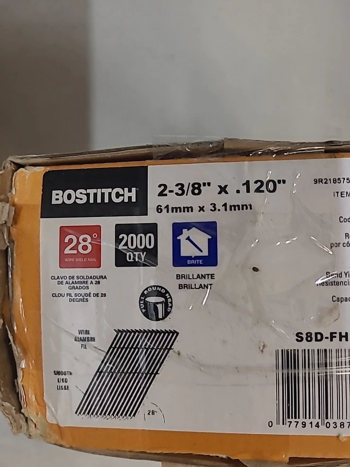 BOSTITCH 2 3/8" x .120" S8D CLAVOS PARA ENMARCAR Alambre Soldadura 28° Tira en ángulo Cantidad 2000 Foto 2 de 3