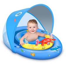 Inflatable Baby Pool Float with Canopy, UPF50 Sun Protection, Anti-Tip Safety S