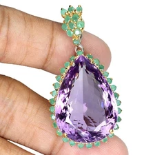 925 Sterling Silver Pendant Pear Amethyst 54ct Emerald Handmade Gemstone Jewelry