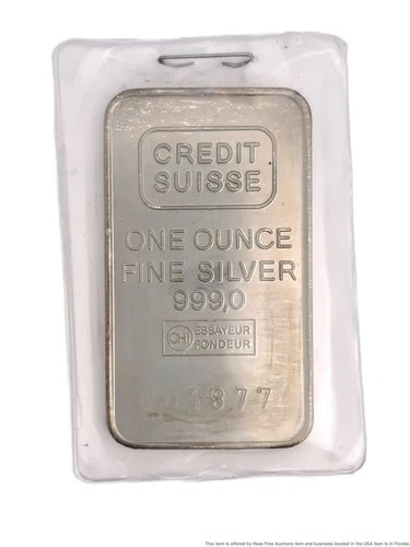 0.999 One Ounce Fine Silver Bar Credit Suisse w/ Paper Certified Assayer 004877
