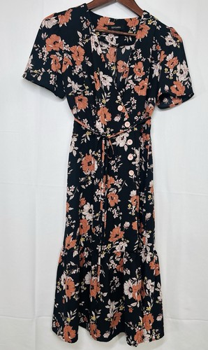 September the shop Vibrant Floral Faux Wrap Dress Lrg Asymmetrical Button Up