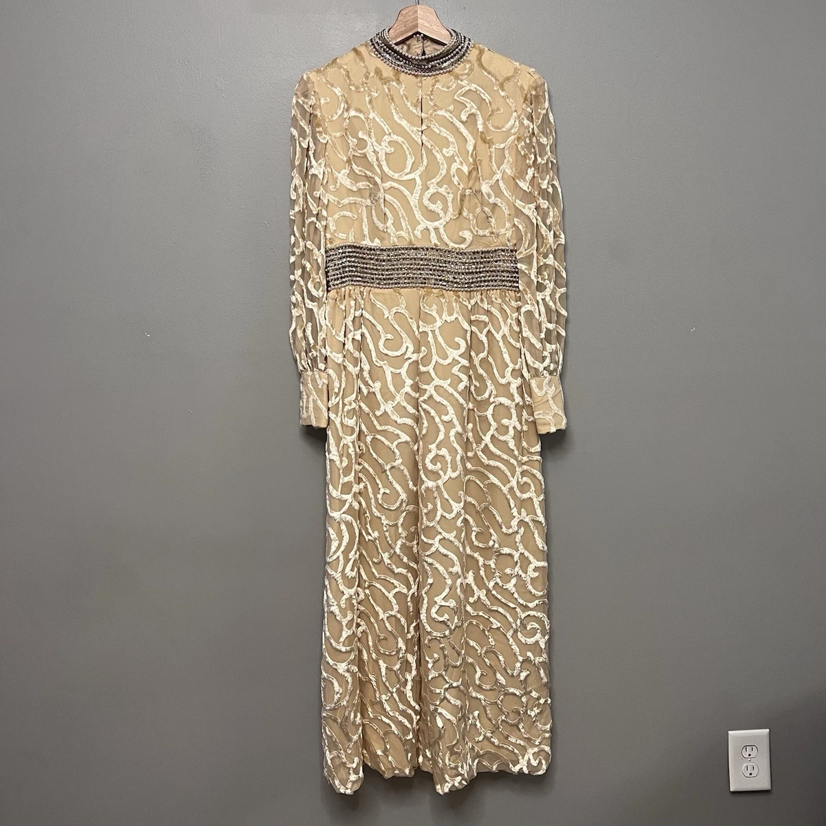 slim fit dress slacks Oriana Metallic Gold Foil Knit Maxi Dress
