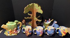 RARE Disney Winnie the Pooh and Friends Tea Pot Sugar Creamer Mugs Tree Stand