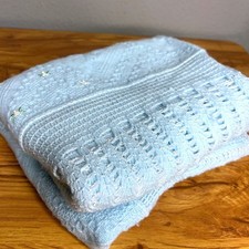 Vintage Cradle Knit Baby Blanket Blue Floral Embroidered Lace Trim Japan