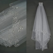 Two Layer Crystal Beaded Tulle Wedding Veil With Comb Elegant Bridal Hair